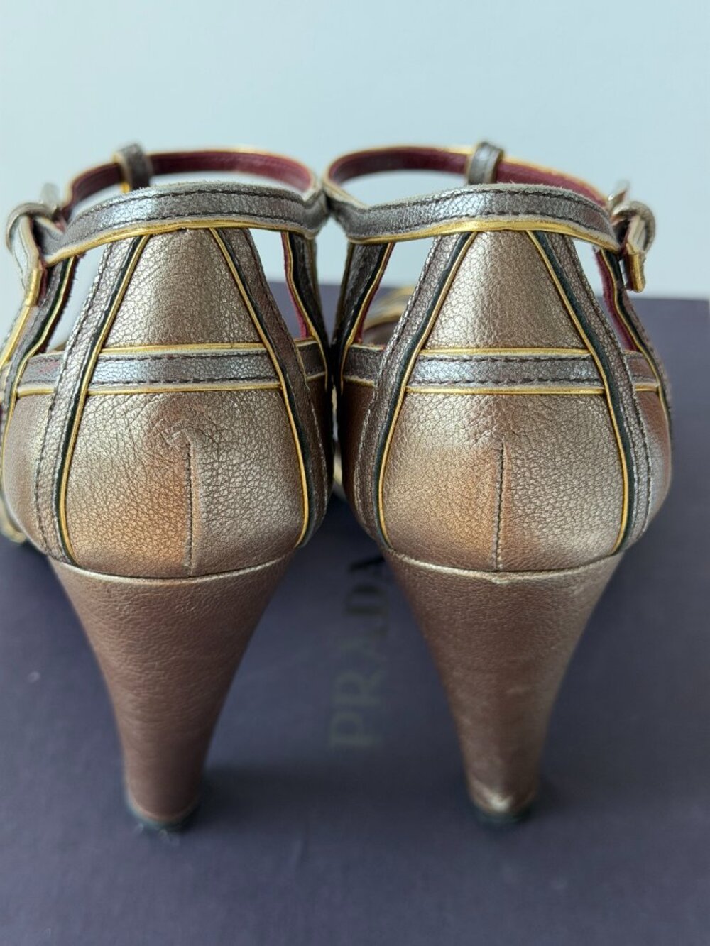 Vintage Prada T-Strap Mixed Metallic Weave Heels / Size 7.5 - Picture 2 of 7